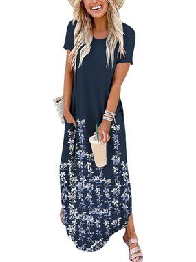 Women's Floral Navy Blue Summer Maxi Dress Short Sleeve Casual Split T Shirt
